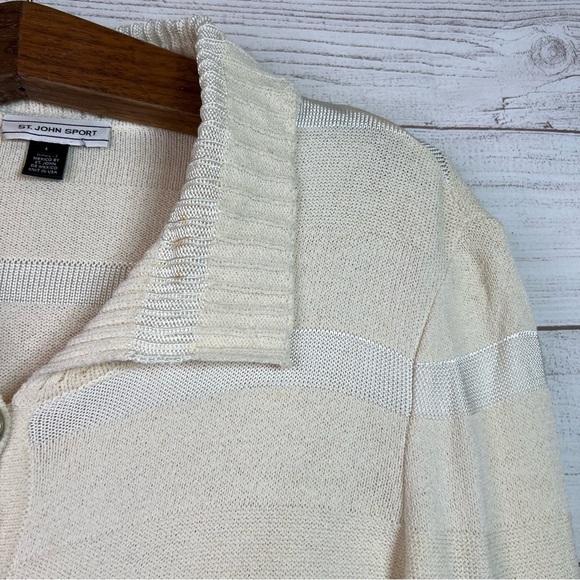 St. John Sport White Cream Striped Cardigan Wool Sweater Size L FLAWS - Picture 4 of 16